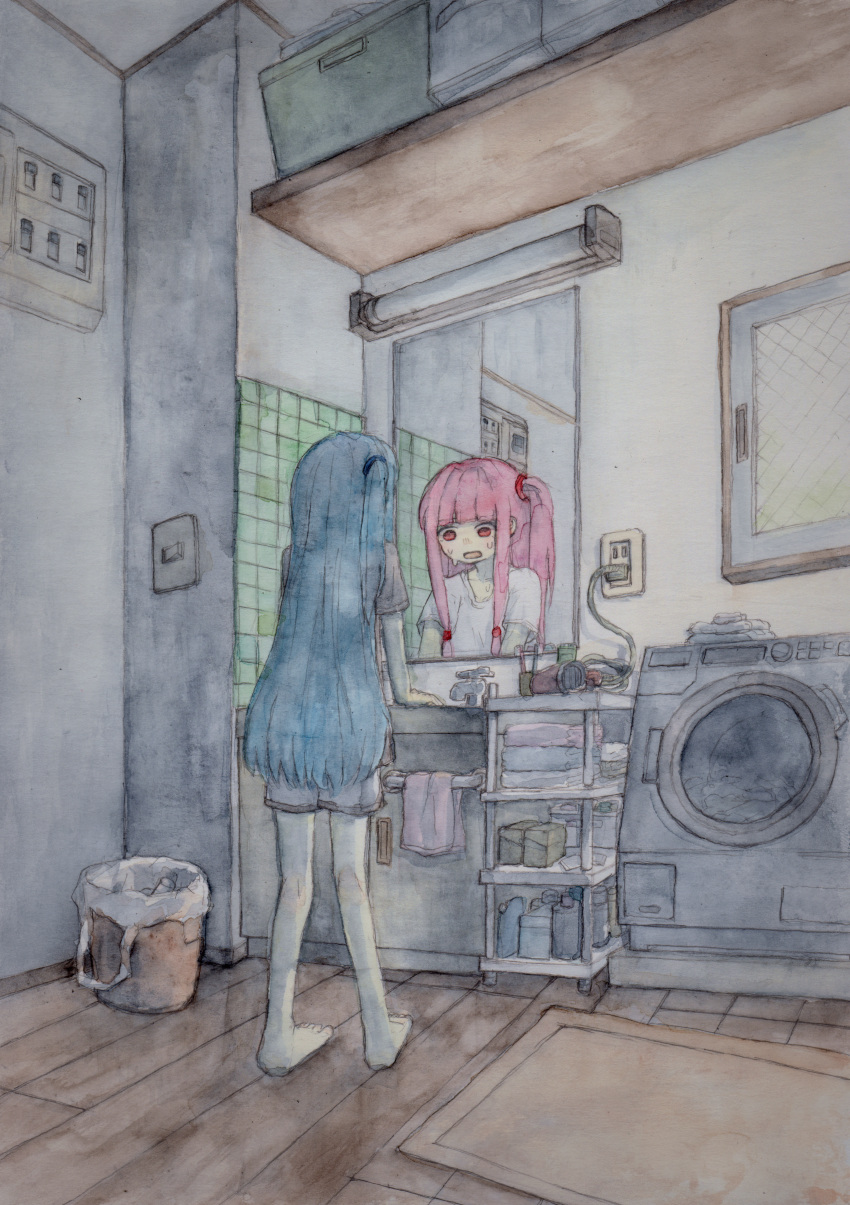 2girls absurdres barefoot bathroom blue_hair bone_71 commentary_request different_reflection electrical_outlet facing_away faucet fluorescent_lamp from_behind grey_shorts hair_dryer highres indoors kotonoha_akane kotonoha_aoi long_hair looking_at_mirror low_tied_sidelocks mirror multiple_girls nervous_sweating one_side_up open_mouth painting_(medium) pink_hair red_eyes reflection short_sleeves shorts siblings sidelocks sink sisters standing sweat traditional_media trash_can voiceroid washing_machine watercolor_(medium) wide_shot window wooden_floor