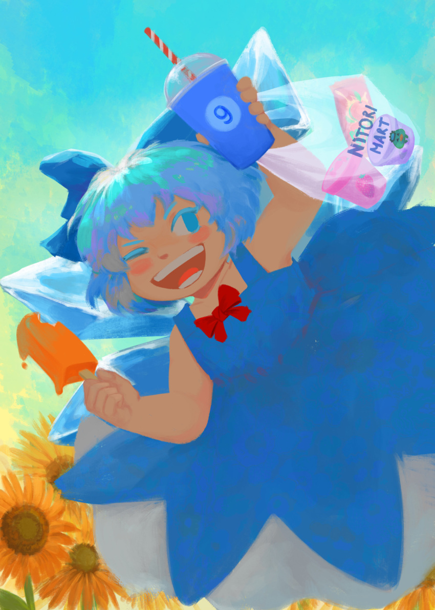 1girl bare_shoulders blue_background blue_bow blue_dress blue_eyes blue_hair blush_stickers bow bowtie circled_9 cirno collarbone cup detached_wings disposable_cup dress drink drinking_straw egguv english_text flower food hair_bow highres holding holding_cup holding_drink holding_food ice ice_wings no_shirt one_eye_closed open_mouth outdoors pinafore_dress red_bow red_bowtie short_hair simple_background sleeveless sleeveless_dress solo sunflower teeth touhou wings yellow_flower