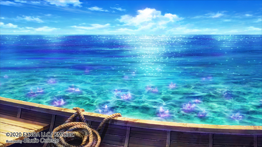 2020 blue_sky boat clouds cloudy_sky company_name day horizon no_humans ocean ono_tomohiro original reflection reflective_water rope scenery shallow_water sky water watercraft wooden_floor