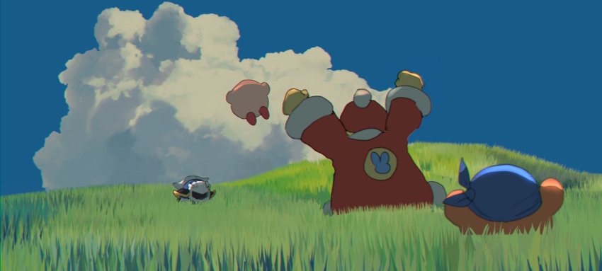 armor arms_up bandana bandana_waddle_dee beanie blue_bandana blue_sky clenched_hands clouds coat floating flying fur-trimmed_coat fur_trim gloves grass happy hat highres hill king_dedede kirby kirby_(series) looking_back mask meta_knight nt_26 on_grass outdoors pauldrons red_coat red_headwear shoulder_armor sky waddle_dee white_gloves yellow_gloves