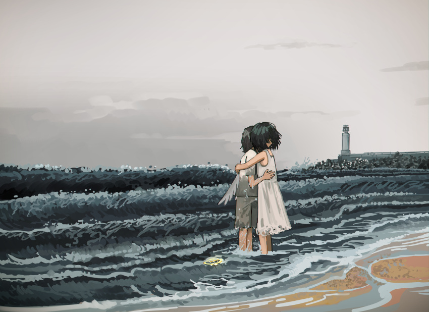 1boy 1girl absurdres angel_wings beach black_hair day dress from_side grey_shorts hair_over_eyes head_on_another's_shoulder highres hug lighthouse mutual_hug myango_(applemangocrape) ocean original outdoors overcast profile sand scenery shirt short_sleeves shorts sky sleeveless sleeveless_dress spaghetti_strap standing wading waves wet wet_clothes white_dress white_shirt wide_shot wings