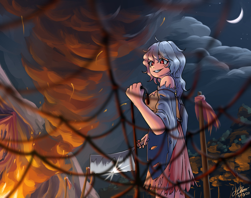 1girl absurdres blue_sleeves cleaver clouds cloudy_sky crescent dress english_commentary evil_grin evil_smile fire grey_hair grin highres hippppodraw holding holding_knife holding_weapon knife long_hair moon multicolored_clothes multicolored_dress night night_sky orange_dress outdoors red_eyes sakata_nemuno signature sky smile solo teeth touhou wavy_hair weapon yellow_dress