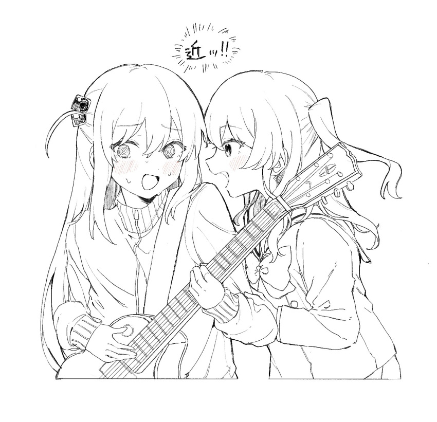 2girls @_@ blush bocchi_the_rock! cube_hair_ornament electric_guitar flustered from_side gibson_les_paul gotoh_hitori guitar hair_ornament highres holding holding_instrument implied_yuri instrument kita_ikuyo lineart moga_(ponco_gris) monochrome multiple_girls open_mouth side_ahoge sweatdrop upper_body