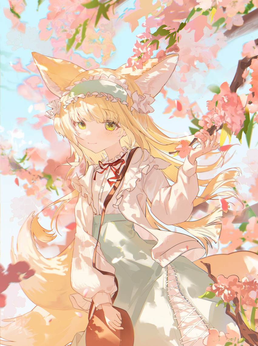 1girl absurdres animal_ear_fluff animal_ears aqua_hairband arknights bag blonde_hair blue_hairband blush brown_bag cardigan cross-laced_clothes cross-laced_skirt dress flower fox_ears fox_girl fox_tail frilled_hairband frills green_eyes green_skirt hairband highres kitsune kyuubi leaf lily_of_the_valley long_hair long_sleeves mie_mie_shuang_pi_nai multiple_tails open_cardigan open_clothes petals pink_flower red_ribbon ribbon round_bag shirt shoulder_bag simple_background skirt solo standing suzuran_(arknights) suzuran_(spring_praise)_(arknights) tail white_dress yellow_cardigan