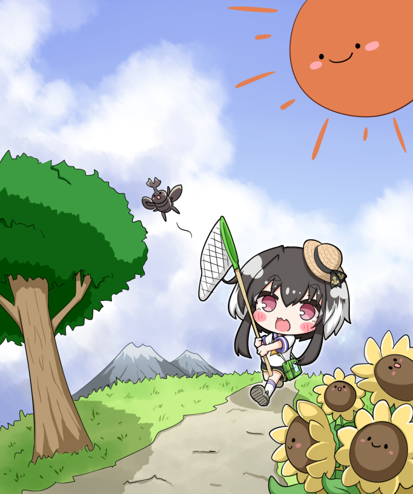 1girl :d anchor_symbol black_hair black_shorts blue_sailor_collar blue_sky blush_stickers brown_headwear butterfly_net chibi clouds cloudy_sky commentary_request day fang flower hair_between_eyes hand_net highres holding insect_cage kantai_collection komakoma_(magicaltale) mountain multicolored_hair outdoors path rhinoceros_beetle sailor_collar shirt shoe_soles short_eyebrows short_sleeves shorts sky smile socks solo sun_symbol sunflower thick_eyebrows tilted_headwear tokitsukaze_(kancolle) tree two-tone_hair violet_eyes white_hair white_shirt white_socks yellow_flower