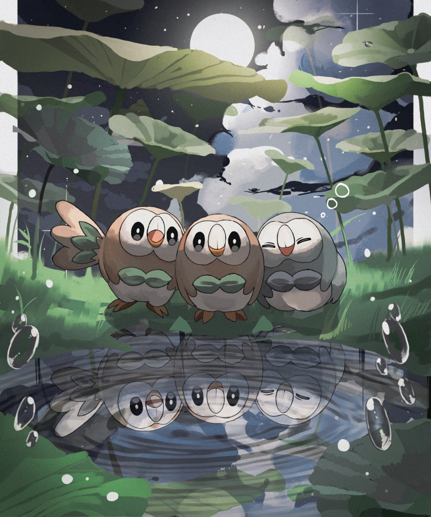 alternate_color closed_eyes clouds dew_drop full_moon highres leaf moon night open_mouth outdoors plant pokemon pokemon_(creature) reflection reflective_water reo_(mmocc123) rowlet water water_drop