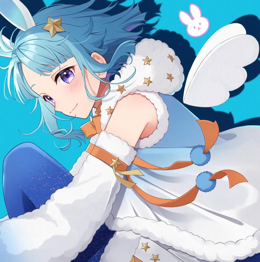 1boy absurdres androgynous angel_wings animal_ears blue_background blue_hair blush closed_mouth ensemble_stars! facing_to_the_side hair_ornament highres light_blue_hair looking_at_viewer male_focus mini_wings rabbit_boy rabbit_ears shino_(sinotaro_) shino_hajime short_hair smile solo star_(symbol) star_hair_ornament violet_eyes wings
