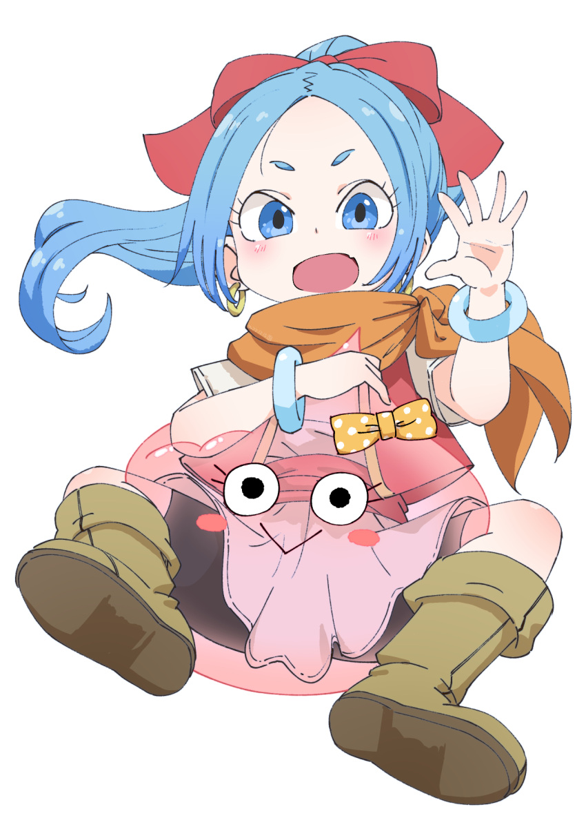 1girl blue_eyes blue_hair blush bow bracelet dragon_quest dragon_quest_xi dress earrings full_body hair_bow highres holding hoop_earrings jewelry long_hair looking_at_viewer maya_(dq11) open_mouth parted_bangs ponytail red_vest samansa_ex sash scarf short_eyebrows short_sleeves simple_background slime_(dragon_quest) smile vest white_background
