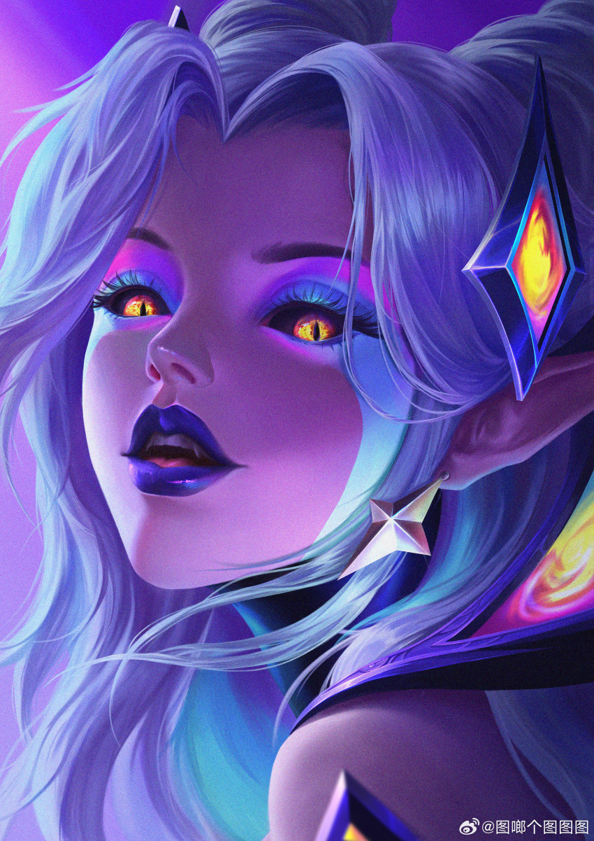 1girl absurdres artist_name black_lips black_sclera blue_eyeshadow close-up colored_sclera earrings eyelashes eyeshadow fangs highres jewelry league_of_legends lipstick long_hair looking_at_viewer makeup morgana_(league_of_legends) open_mouth parted_bangs pointy_ears portrait sidelocks simple_background solo star_guardian_(league_of_legends) star_nemesis_morgana tainjinvivo teeth upper_teeth_only white_hair yellow_eyes