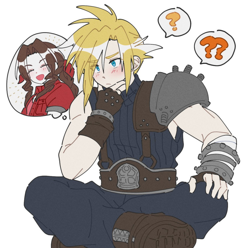 1boy 1girl ? ?? aerith_gainsborough armor asymmetrical_arms baggy_pants bandaged_arm bandages belt blonde_hair blue_eyes blush boots brown_footwear brown_gloves brown_hair closed_eyes cloud_strife curly_hair earrings final_fantasy final_fantasy_vii fingerless_gloves gloves hair_ribbon hand_on_own_face highres jacket jewelry leather_belt long_hair nt_26 open_clothes open_jacket open_mouth pants pauldrons red_jacket red_ribbon ribbon shoulder_armor single_pauldron sleeveless sleeveless_turtleneck smile spiky_hair stud_earrings studded_belt suspenders thinking thought_bubble turtleneck