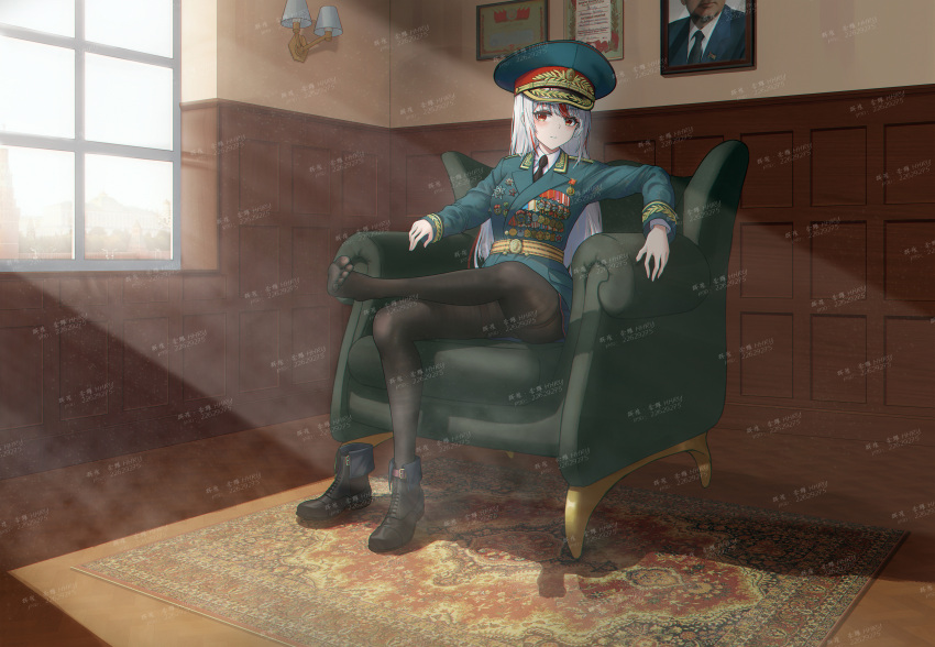 absurdres black_pantyhose carpet collared_jacket collared_shirt framed green_chair green_jacket hat highres huihuang_rongyao jacket lapels medal military_uniform necktie on_chair original pantyhose peaked_cap photo_(object) red_eyes shirt shoes single_shoe sitting soles soviet soviet_army uniform watermark white_hair window