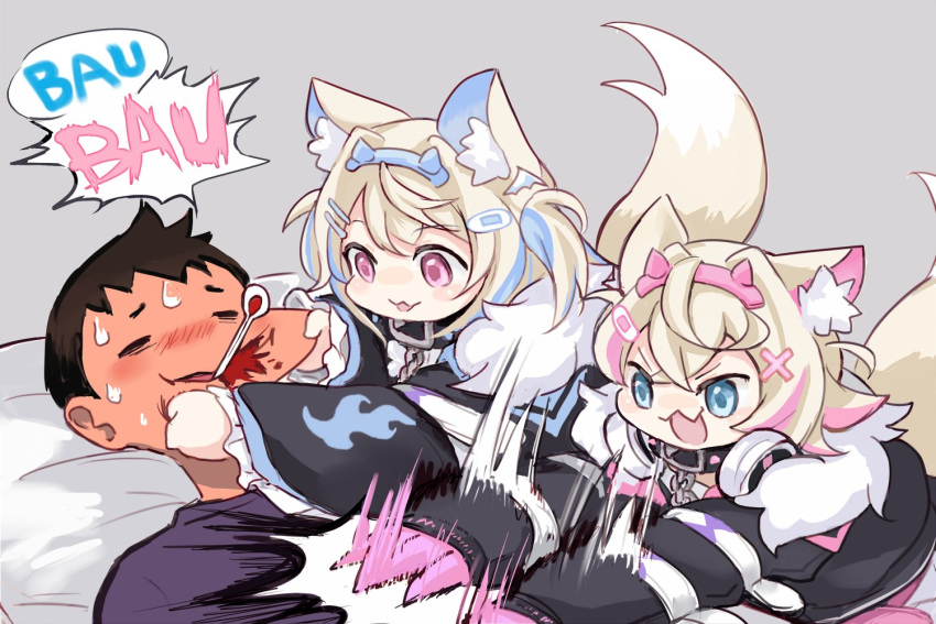 1boy 2girls :3 :d animal_ear_fluff animal_ears black_jacket blonde_hair blood blood_from_mouth blue_eyes blue_hair blush brown_hair commentary_request dog_ears dog_tail fake_horns fangs fur-trimmed_jacket fur_trim fuwawa_abyssgard grey_background hair_ornament hairclip headphones headphones_around_neck hitting hololive hololive_english horned_headwear horns jacket liquid-in-glass_thermometer long_sleeves mococo_abyssgard multicolored_hair multiple_girls pink_eyes pink_hair short_hair siblings simple_background sisters skin_fangs smile streaked_hair sweat tail thermometer twins x_hair_ornament yuuyu_(777)