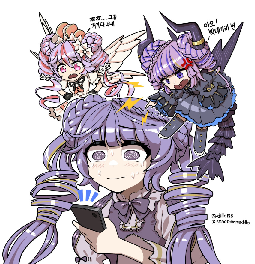 3girls @_@ angel_wings angelo_valmonica anger_vein blonde_hair bow bowtie braid cellphone chibi demon_horns demone_valmonica double_bun drill_hair duel_monster flying hair_bun hands_on_own_hips highres holding holding_phone horns instagram_username korean_text long_sleeves multicolored_hair multiple_girls open_mouth phone pointing puffy_sleeves purple_hair redhead shoulder_angel shoulder_devil smartphone smootharmadillo streaked_hair tail translation_request twin_drills twintails twitter_username two-tone_hair valmonica_scelta violet_eyes wings yu-gi-oh!