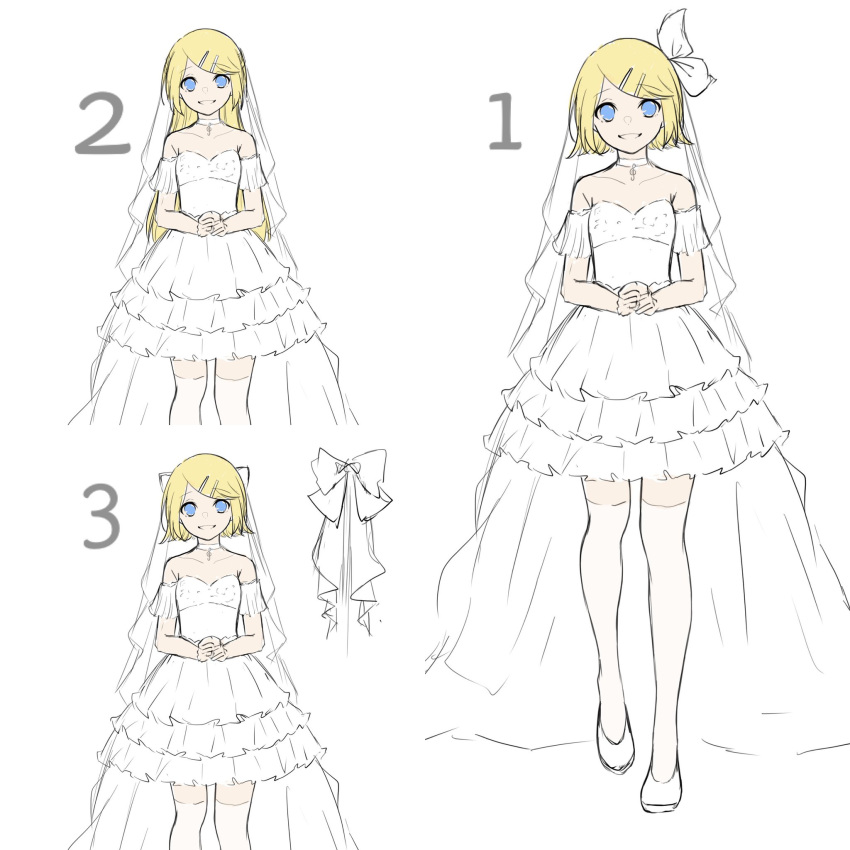 1girl bare_shoulders blonde_hair blue_eyes bow bridal_veil choker collarbone concept_art costume_chart dress frilled_dress frills hair_bow hair_ornament hairclip highres itkedo multiple_views off-shoulder_dress off_shoulder open_mouth own_hands_together reference_sheet short_dress short_sleeves sketch smile swept_bangs thigh-highs variations veil vocaloid wedding wedding_dress white_choker white_dress white_thighhighs white_veil zettai_ryouiki