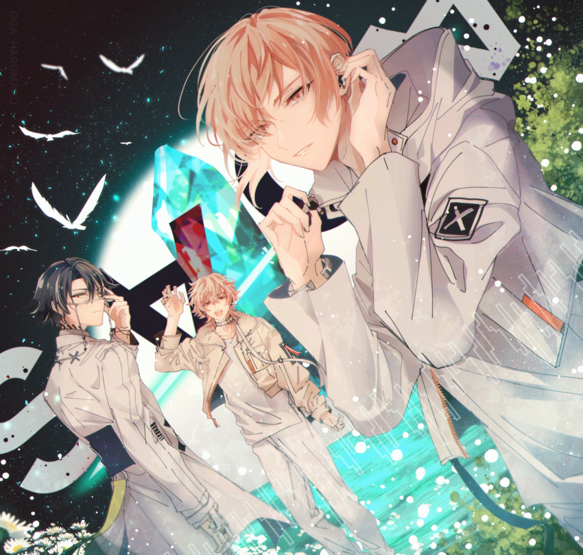 1nm8_(paradox_live) 3boys absurdres black_background black_hair blue_background closed_mouth glasses highres itsuki_(paradox_live) leaf looking_at_viewer male_focus miyama_kei multicolored_background multiple_boys orange_eyes orange_hair paradox_live parted_lips phantometal_(paradox_live) pink_hair red_eyes rokuta_(paradox_live) sirofuku414 teeth