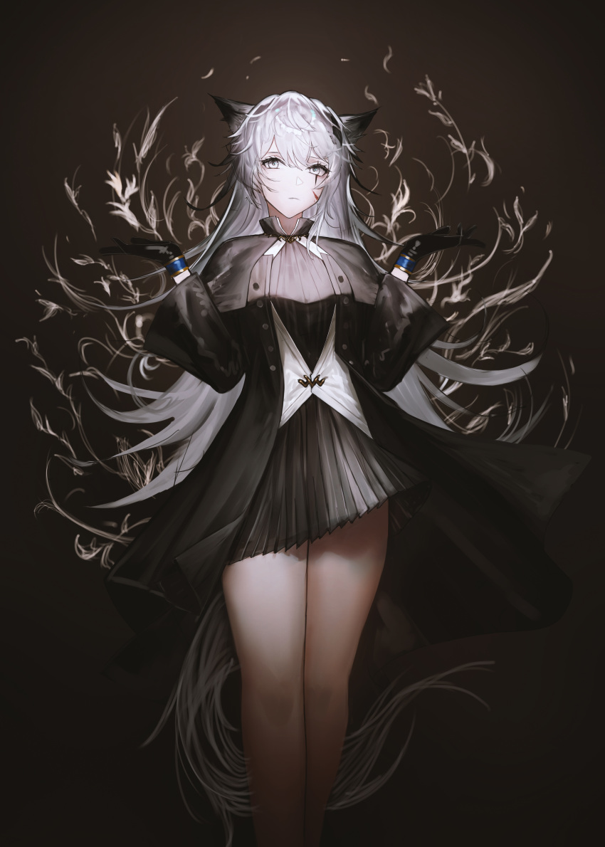 1girl absurdres animal_ears arknights black_background black_coat black_dress black_gloves blood blood_on_face closed_mouth coat commentary_request dress feet_out_of_frame ganet_p gloves grey_eyes grey_hair hands_up highres lappland_(arknights) lappland_(refined_horrormare)_(arknights) long_hair long_sleeves looking_at_viewer official_alternate_costume open_clothes open_coat scar scar_across_eye scar_on_face shrugging simple_background solo standing tail very_long_hair wolf_ears wolf_girl wolf_tail