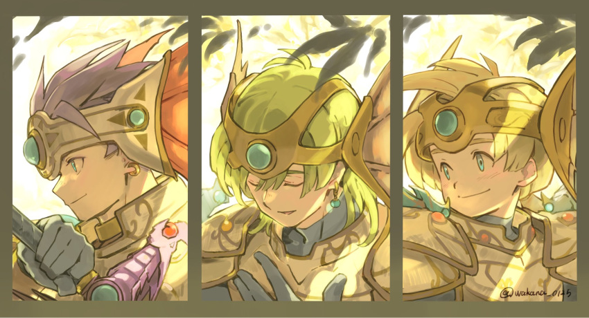 3boys armor blonde_hair blue_bodysuit blue_eyes blue_gemstone blue_gloves blue_hair bodysuit child circlet closed_eyes closed_mouth commentary_request dappled_sunlight dragon_quest dragon_quest_iv dragon_quest_v dragon_quest_vi earrings from_side gem gloves green_hair headpiece hero's_son_(dq5) hero_(dq4) hero_(dq6) highres holding holding_sword holding_weapon jewelry light_blush looking_to_the_side low_ponytail male_focus multiple_boys outdoors parted_lips profile shoulder_armor smile spiky_hair sunlight sword turtleneck twitter_username upper_body wakana_0125 weapon
