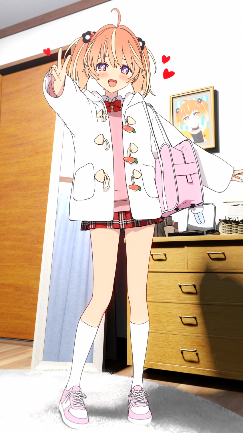 +_+ 1girl 3d ahoge bag blender_(medium) blonde_hair bow bowtie bright_pupils carrot cel_shading collared_shirt dot_nose flower full_body hair_flower hair_ornament heart highres hood hood_down hoodie indoors kneehighs long_sleeves looking_at_viewer medium_hair miniskirt multicolored_eyes multicolored_hair open_clothes open_hoodie open_mouth orange_hair outstretched_arms pink_bag pink_eyes pink_footwear pink_sweater plaid plaid_skirt pleated_skirt portrait_(object) red_bow red_bowtie red_skirt rinne_(rinrinne) rinrinne rinrinne39_(artist) school_bag school_uniform shirt shoes short_twintails shoulder_bag skirt smile sneakers socks solo spread_arms standing streaked_hair sweater twintails violet_eyes virtual_youtuber white_hoodie white_pupils white_shirt white_socks wide_sleeves