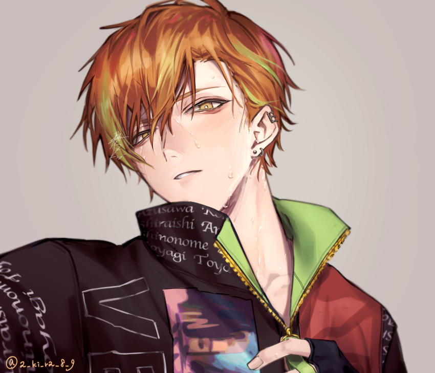 1boy absurdres akira_(a_ki_ra_8_9) black_gloves black_jacket blonde_hair bright_pupils character_name clothes_writing collarbone collared_jacket commentary_request ear_piercing earrings fingerless_gloves fingernails gloves green_hair green_jacket grey_background hair_behind_ear hair_between_eyes half-closed_eyes highres jacket jewelry looking_at_viewer male_focus multicolored_clothes multicolored_hair multicolored_jacket orange_hair parted_lips partial_commentary partially_unzipped piercing popped_collar print_jacket project_sekai red_jacket shinonome_akito short_hair simple_background solo streaked_hair stud_earrings sweat twitter_username unzipping upper_body white_pupils yellow_eyes zipper zipper_pull_tab
