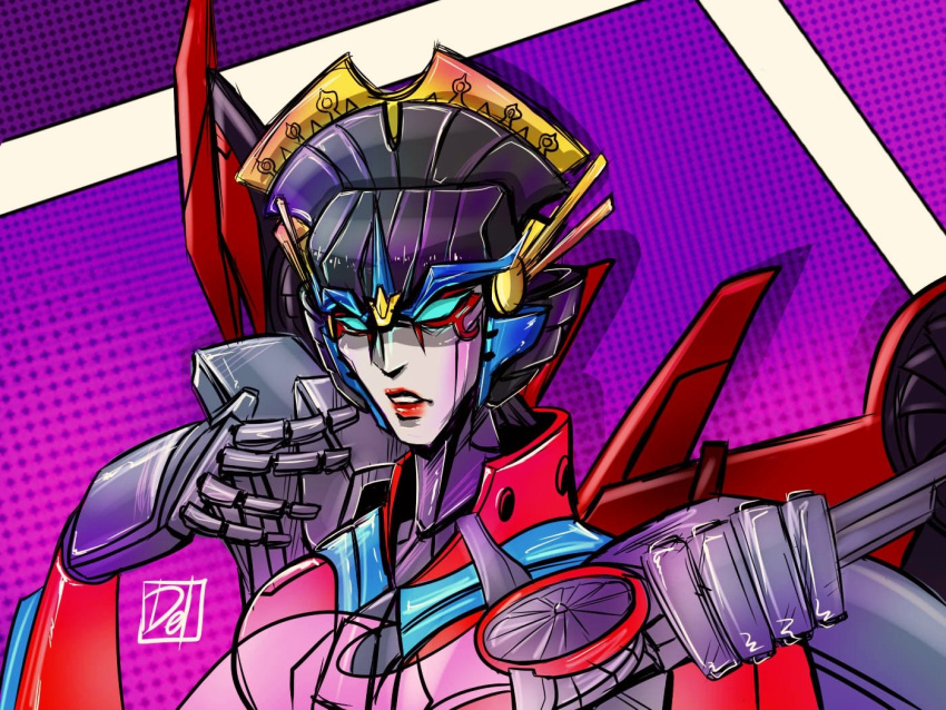 1girl blue_eyes breasts delari delariduchess energy_sword humanoid_robot mechanical_parts mechanical_wings medium_breasts red_lips robot solo sword the_transformers_(idw) transformers upper_body weapon windblade wings