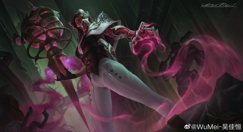 1girl 1other absurdres artist_name black_gloves black_hair black_sclera black_shirt building colored_sclera gloves glowing glowing_eyes grey_hair hair_pulled_back highres league_of_legends long_hair looking_at_viewer mask mechanical_arms mechanical_hands mouth_mask multicolored_hair outdoors pants red_eyes renata_glasc shirt single_glove single_mechanical_arm single_mechanical_hand smoke solo_focus standing streaked_hair two-tone_hair white_pants wumei_(wujiaheng) zaun_(league_of_legends)