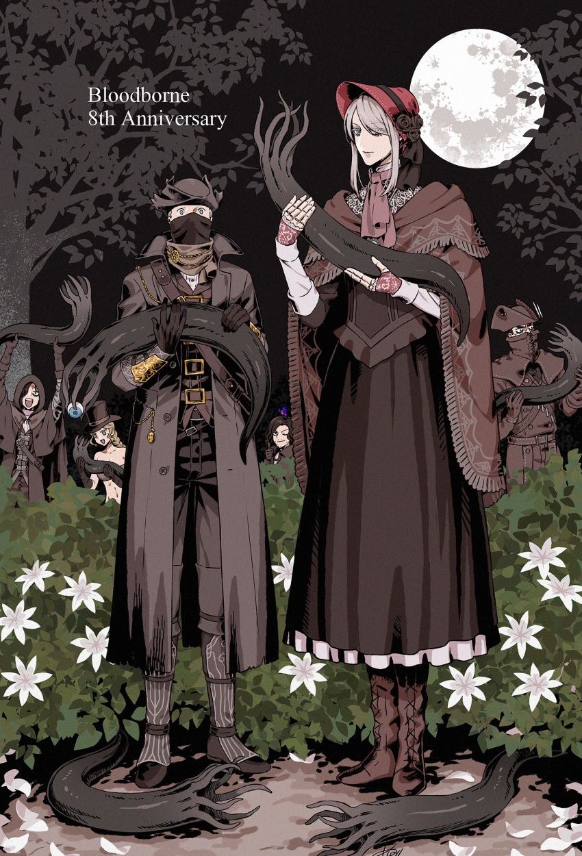 2girls 4boys arizuka_(catacombe) arms_up ascot belt belt_buckle black_gloves black_sky bloodborne bonnet brown_cloak buckle bush character_request cloak closed_eyes coat doll doll_joints flower gloves grey_hair hat height_difference highres hood hunter_(bloodborne) joints mask moon mouth_mask multiple_boys multiple_girls night night_sky one_eye_closed plain_doll red_ascot scarf sky smile squid standing swept_bangs top_hat tree tricorne