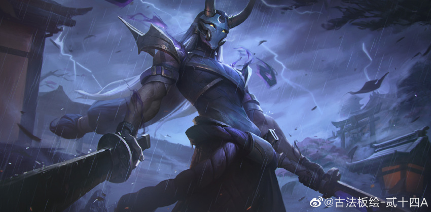 1boy 24ancient artist_name black_gloves black_hair building clouds cloudy_sky cowboy_shot demon_horns gloves highres holding holding_sword holding_weapon horns house inkshadow_yone leaf league_of_legends lightning long_hair looking_at_viewer male_focus mask multicolored_hair muscular muscular_male night official_alternate_costume outdoors rain sky solo standing storm streaked_hair sword tree weapon yellow_eyes yone_(league_of_legends)