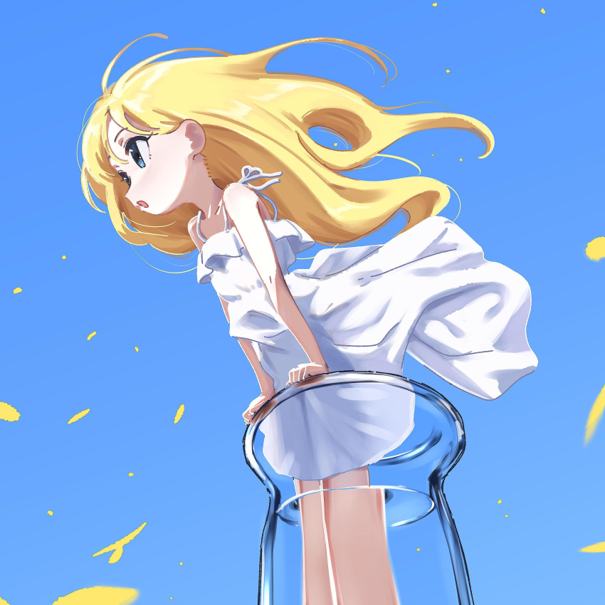 1girl absurdres album_cover bare_shoulders blonde_hair blue_eyes blue_sky blush bouen cover dress feet_out_of_frame floating_hair highres long_hair looking_to_the_side open_mouth original petals sky sleeveless sleeveless_dress solo white_dress wind
