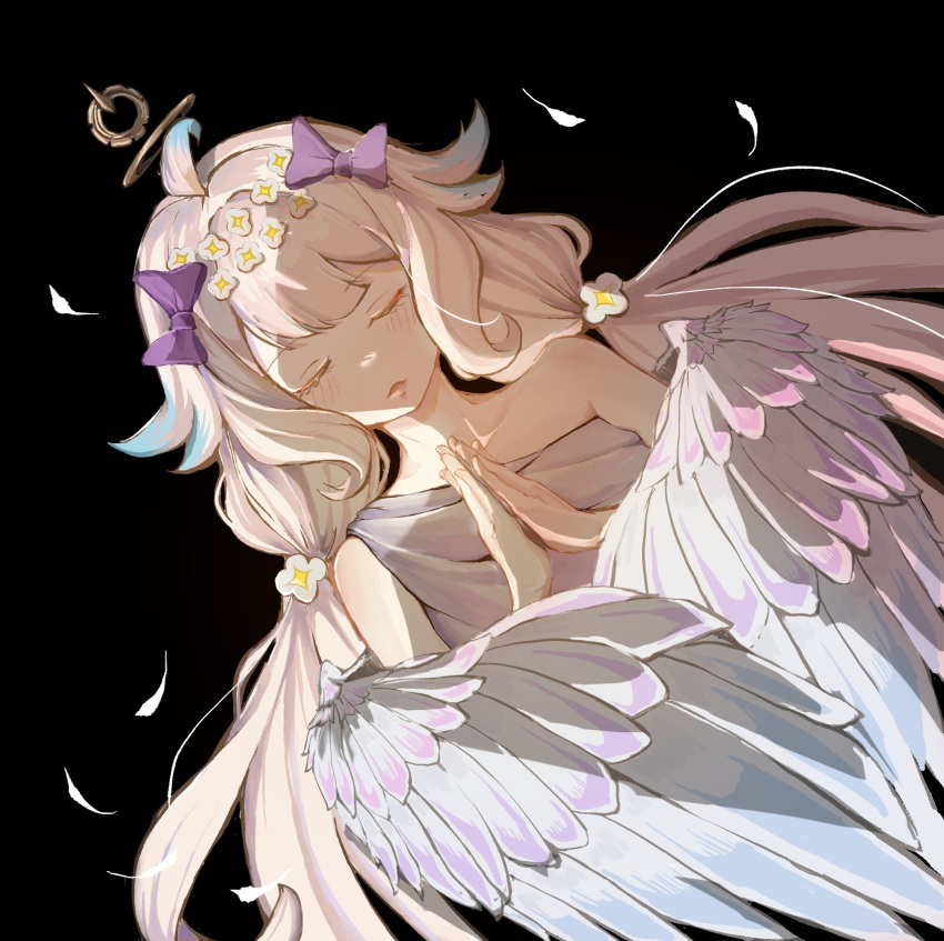 1girl ahoge angel blonde_hair bow closed_eyes enna_alouette feathered_wings flower hair_bow hair_flower hair_ornament highres long_hair low_twintails nijisanji nijisanji_en purple_bow solo twintails virtual_youtuber white_wings wings yam.c_(doggy_yam)