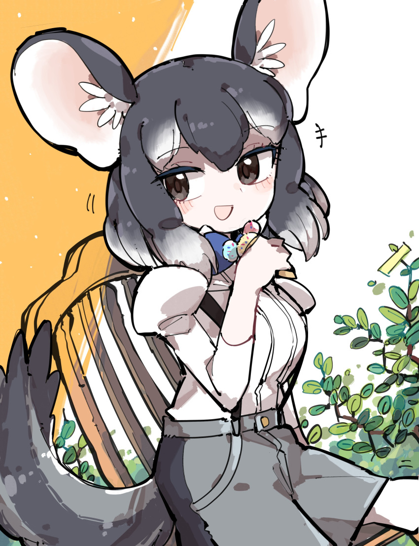 1girl absurdres animal_ears bow bowtie chair chinchilla_(kemono_friends) extra_ears grey_eyes grey_hair highres kanmoku-san kemono_friends looking_at_viewer mouse_ears mouse_girl mouse_tail outdoors shirt short_hair shorts simple_background smile solo suspenders tail