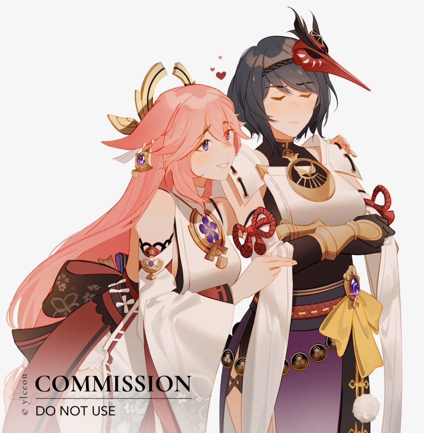 2girls animal_ears bare_shoulders bird_mask black_gloves black_hair breasts closed_eyes closed_mouth commission crossed_arms detached_sleeves earrings english_commentary english_text fox_ears genshin_impact gloves hair_between_eyes hair_ornament heart highres japanese_clothes jewelry kujou_sara large_breasts light_blush long_hair long_sleeves looking_at_another mask mask_on_head multiple_girls pink_hair red_eyeliner short_hair simple_background smile upper_body violet_eyes vision_(genshin_impact) white_background wide_sleeves yae_miko ylceon yuri