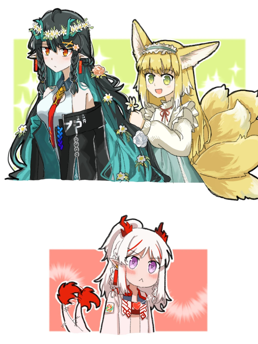 3girls :&lt; animal_ear_fluff animal_ears aqua_skirt arknights bare_shoulders black_hair black_jacket blonde_hair blush braid cardigan chinese_commentary closed_mouth collared_dress colored_inner_hair commentary_request cropped_shirt cross-laced_clothes cross-laced_skirt cross-laced_slit dragon_girl dragon_horns dragon_tail dress dusk_(arknights) earrings flower fox_ears fox_girl fox_tail green_eyes green_hair hair_flower hair_ornament hairdressing half_updo high-waist_skirt highres horns jacket jewelry kitsune kyuubi long_hair long_sleeves medium_hair multicolored_hair multiple_girls multiple_tails neck_ribbon necktie nian_(arknights) off_shoulder official_alternate_costume open_clothes open_jacket open_mouth pointy_ears puffy_long_sleeves puffy_sleeves red_eyes red_necktie red_ribbon red_shirt redhead ribbon shirt short_dress skirt sleeveless sleeveless_dress streaked_hair suzuran_(arknights) suzuran_(spring_praise)_(arknights) tail tail_wagging twin_braids two-tone_hair very_long_hair violet_eyes white_cardigan white_dress white_hair white_jacket yu_kaoxiang
