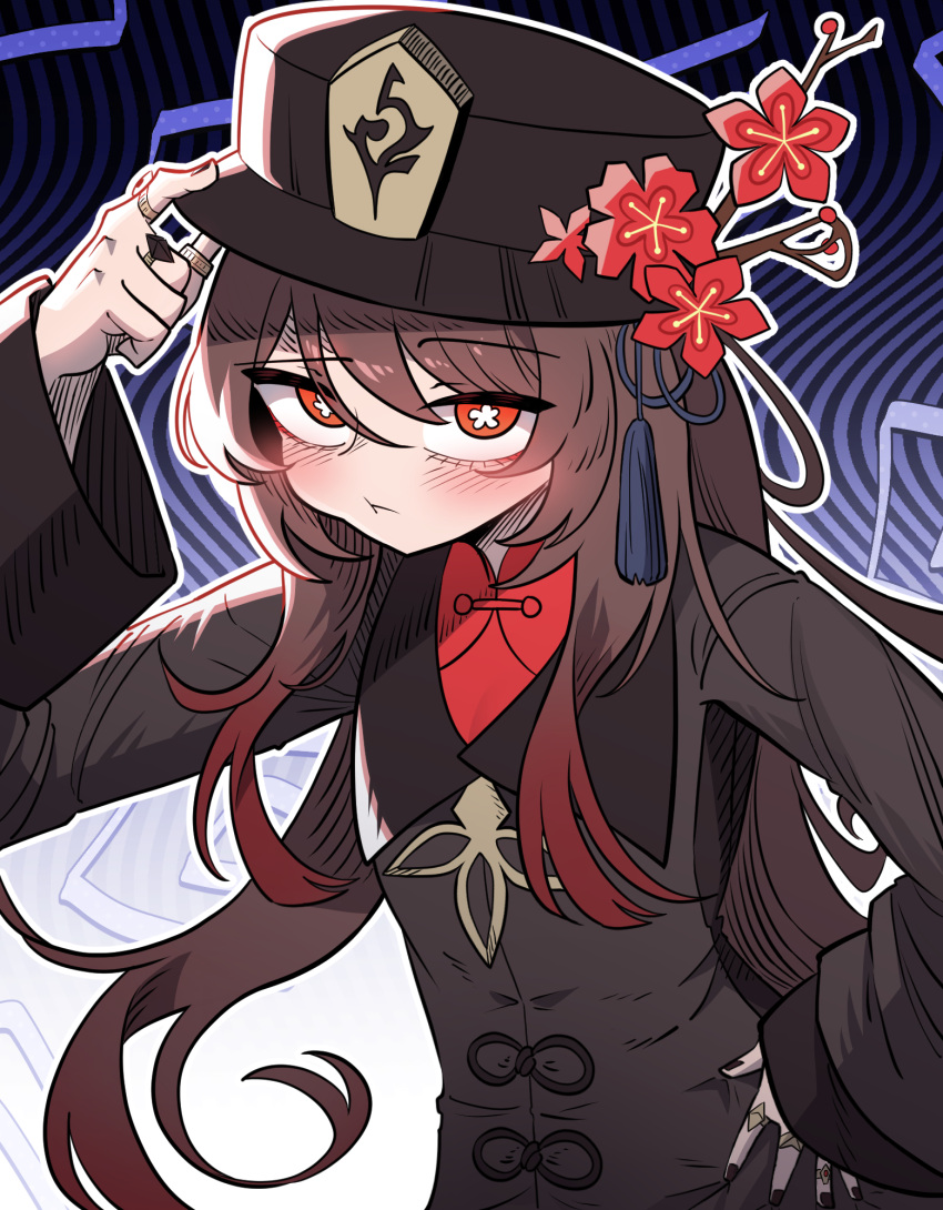1girl adjusting_clothes adjusting_headwear brown_hair chinese_clothes commentary_request flower genshin_impact gloom_(expression) gradient_background hair_between_eyes hand_on_own_hip hat hat_flower hat_ornament highres holding holding_clothes holding_hat hu_tao_(genshin_impact) jewelry layer_(layer_illust) leaning_forward long_hair long_sleeves looking_at_viewer porkpie_hat red_eyes ring sidelocks simple_background solo symbol-shaped_pupils twintails wide_sleeves