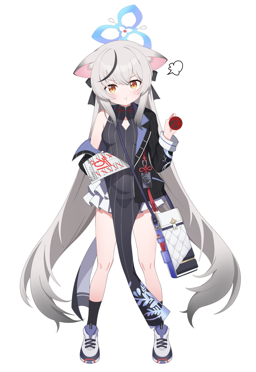 1girl =3 absurdres akira_(aristole) animal_ears black_dress black_hair black_socks blue_archive breasts closed_mouth cross-laced_footwear dress frills full_body grey_hair halo highres jacket kokona_(blue_archive) long_hair long_sleeves looking_at_viewer multicolored_hair off_shoulder open_clothes open_jacket orange_eyes pelvic_curtain shoes simple_background small_breasts sneakers socks solo standing star_(symbol) streaked_hair tassel very_long_hair white_background white_footwear