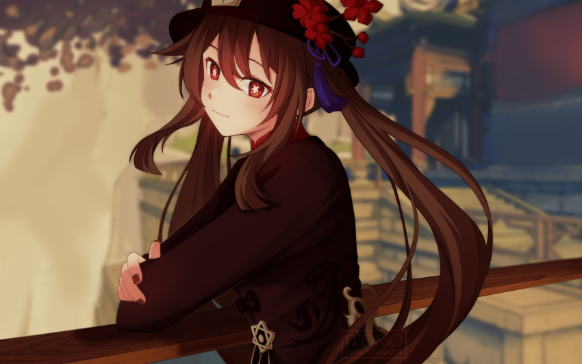 1girl absurdres bad_source black_headwear black_nails brown_hair crossed_arms flower flower_shaped_pupils genshin_impact hat hat_flower highres hu_tao_(genshin_impact) long_hair long_sleeves looking_at_viewer outdoors plum_blossoms red_eyes smile solo symbol_shaped_pupils twintails