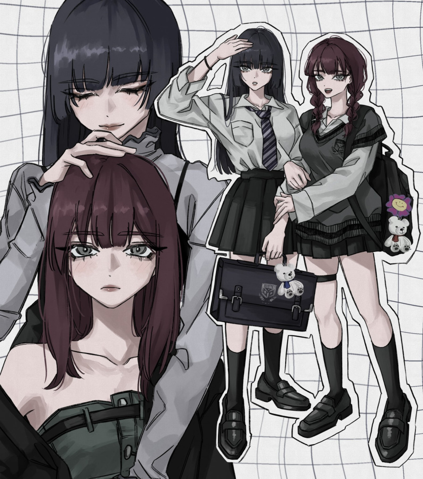 17motomode 2girls black_hair blunt_bangs bracelet braid briefcase closed_eyes closed_mouth full_body grid_background hand_on_another's_head highres holding holding_another's_arm holding_briefcase jewelry lips looking_at_viewer multiple_girls multiple_views open_mouth original pleated_skirt school_briefcase skirt smile thigh_strap twin_braids