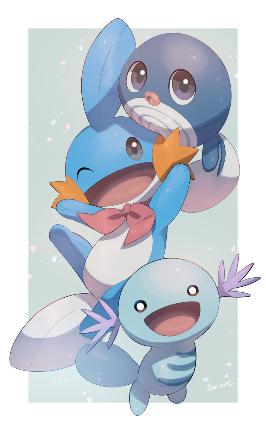 absurdres border highres looking_at_viewer mudkip neckerchief no_humans nullma one_eye_closed open_mouth pokemon pokemon_(creature) poliwag red_neckerchief simple_background white_border wooper