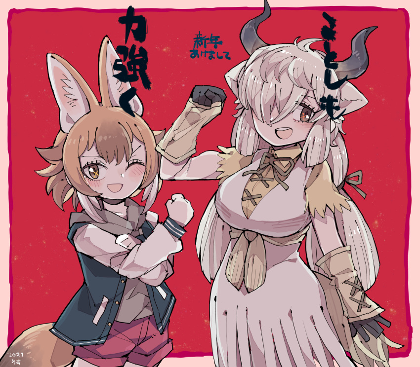2girls absurdres animal_ears bow bowtie breasts brown_eyes brown_hair cow_ears cow_girl cow_horns cow_tail dhole_(kemono_friends) dress elbow_gloves extra_ears gloves grey_hair highres hood hoodie horns kanmoku-san kemono_friends large_breasts long_hair multiple_girls one_eye_closed red_background ribbon short_hair shorts simple_background smile tail translation_request wolf_ears wolf_girl wolf_tail yak_(kemono_friends)