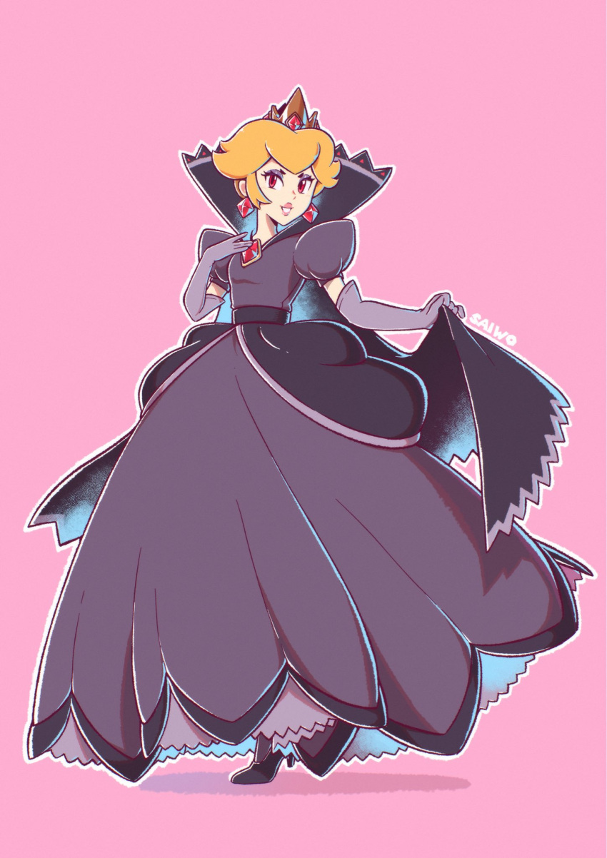1girl black_dress black_gloves blonde_hair crown dress earrings elbow_gloves full_body gloves highres jewelry looking_at_viewer medium_hair paper_mario paper_mario:_the_thousand_year_door pink_background princess_peach red_eyes saiwo_(saiwoproject) shadow_queen simple_background solo super_mario_bros.