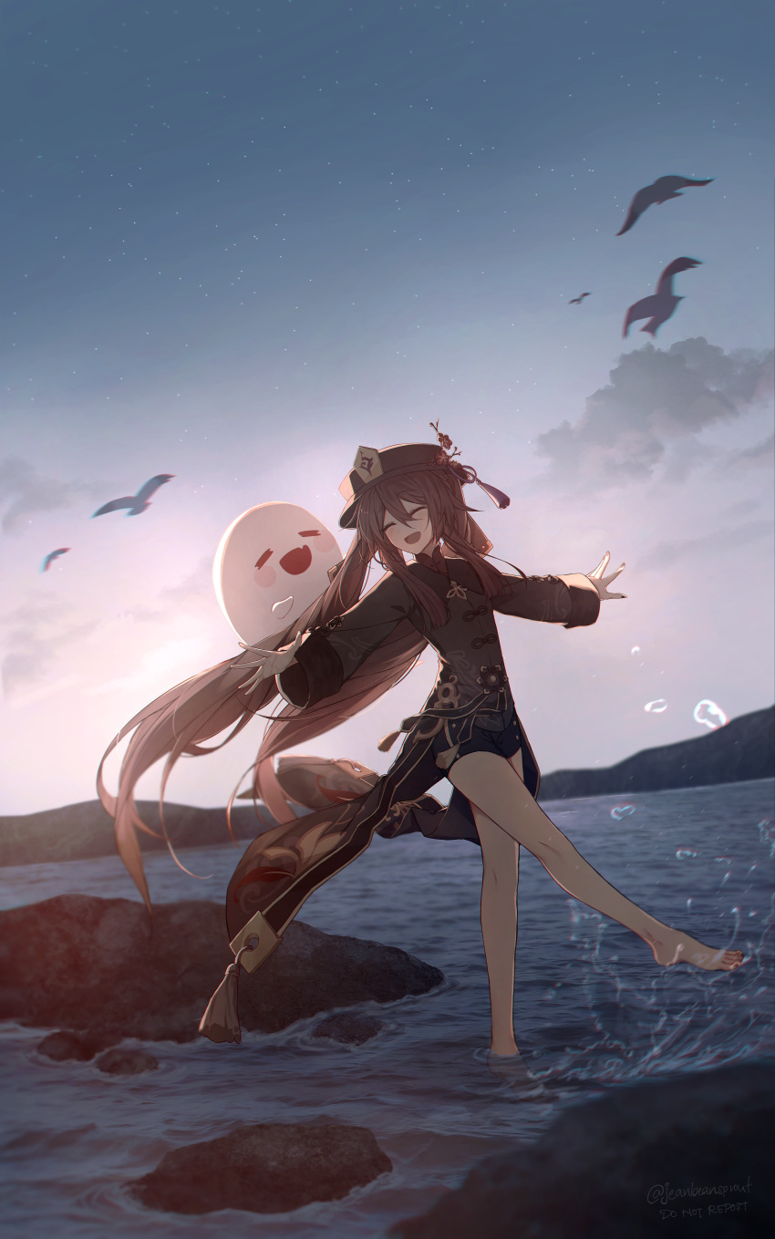 1girl :d absurdres backlighting bare_legs barefoot bird black_bird black_headwear black_nails black_shorts blurry blurry_foreground blush boo_tao_(genshin_impact) brooch brown_coat brown_flower brown_hair brown_shirt closed_eyes clouds coat coattails collared_coat collared_shirt english_commentary english_text evening facing_viewer flower full_body genshin_impact ghost gradient_sky hair_between_eyes hat hat_ornament high_collar highres hu_tao_(genshin_impact) jeanbeansprout jewelry lake long_hair long_sleeves mountainous_horizon no_shoes open_hands open_mouth outdoors outstretched_arms plum_blossoms porkpie_hat rock shirt shorts sky sleeves_past_wrists smile solo standing standing_on_one_leg star_(sky) starry_sky talisman tassel twintails twitter_username very_long_hair wading water wide_sleeves