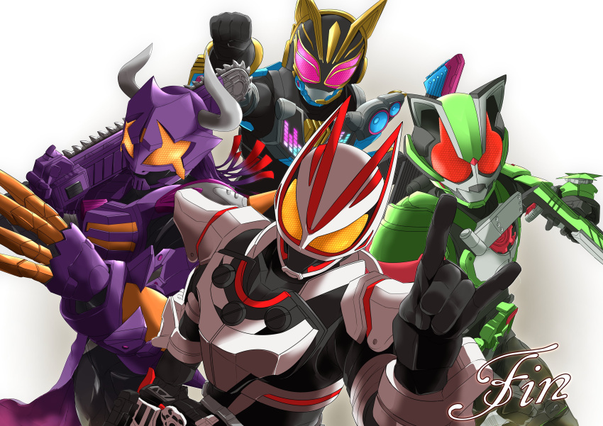 +_+ 1girl 3boys absurdres animal_ears armor axe beat_axe beat_buckle belt black_background black_bodysuit black_gloves bodysuit boots buffalo bull cat_ears chainsaw claw_(weapon) clenched_hand commentary_request compound_eyes cowboy_shot desire_driver driver_(kamen_rider) earpiece fighting_stance foreshortening fox fox_mask gears gloves glowing glowing_eyes gradient_background green_armor guitar gun highres holding holding_instrument holding_weapon horns instrument kamen_rider kamen_rider_buffa kamen_rider_geats kamen_rider_geats_(series) kamen_rider_na-go kamen_rider_tycoon keytar kitsune leaf long_hair looking_at_viewer magnum_boost magnum_shooter_40x male_focus mask microphone miyabi_(037) multicolored_background multiple_boys music ninja ninja_buckle ninja_dueler open_hands orange_background over_shoulder pink_eyes playing_instrument pointing pointing_at_viewer purple_hair raccoon_ears raise_buckle red_eyes reverse_grip rifle scarf shoulder_armor shoulder_spikes sparkle spikes sword tanuki tokusatsu two-tone_background upper_body weapon weapon_over_shoulder white_armor zombie_breaker zombie_buckle