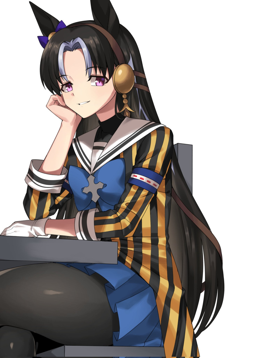 1girl animal_ears armband black_coat black_hair black_pantyhose blue_armband blue_bow blue_bowtie bow bowtie chair coat commentary_request cross_ornament crossed_legs ear_bow feet_out_of_frame fukuro_(maruaru00) genderswap genderswap_(mtf) gloves grin hair_intakes hand_on_own_cheek hand_on_own_face head_rest headgear highres horse_ears horse_girl light_purple_hair long_hair long_sleeves original pantyhose personification purple_bow reins sailor_collar sideways_glance simple_background single_glove sitting smile solo stay_gold_(racehorse) striped_coat two-tone_coat umamusume violet_eyes white_background white_gloves white_sailor_collar yellow_coat