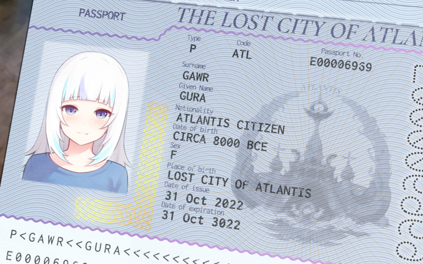 :3 alternate_hairstyle blue_eyes blue_hair blue_shirt blunt_bangs blush commentary english_commentary english_text fang gawr_gura grey_hair hair_down highres hololive hololive_english long_hair merrytail multicolored_hair no_humans passport photo_(object) portrait shirt smile straight-on streaked_hair