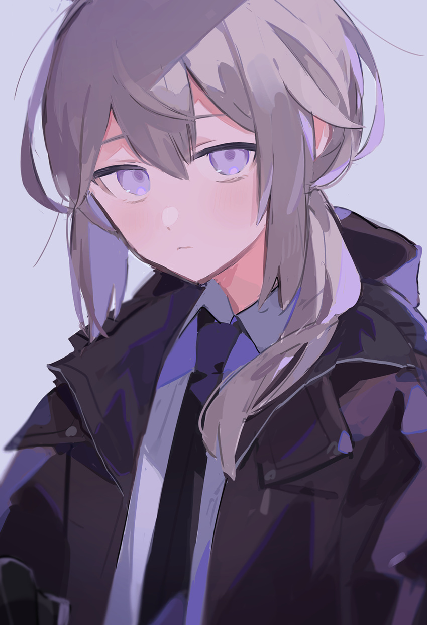 1girl black_coat black_necktie closed_mouth coat collared_shirt expressionless girls_frontline grey_hair hair_between_eyes hair_over_shoulder highres looking_at_viewer m200_(girls'_frontline) medium_hair necktie open_clothes open_coat ponytail shirt sidelocks simple_background solo tarouoga upper_body violet_eyes white_background white_shirt