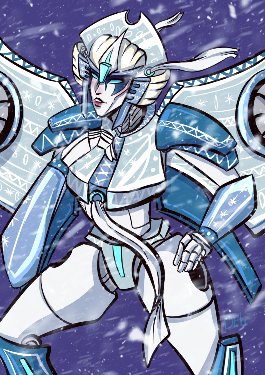 1girl blue_eyes breasts delari delariduchess hand_on_own_hip highres humanoid_robot mechanical_parts mechanical_wings medium_breasts red_lips robot snow solo the_transformers_(idw) thighs transformers windblade wings