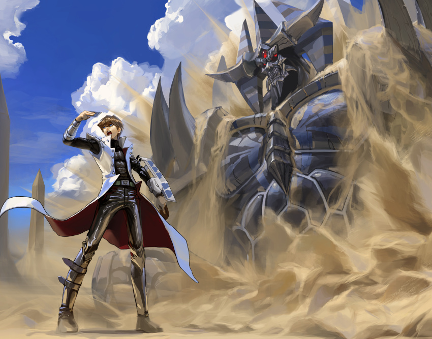 2boys absurdres belt boots brown_hair card clouds duel_disk duel_monster full_body highres holding holding_card jacket kaiba_seto male_focus multiple_boys obelisk obelisk_the_tormentor open_clothes open_jacket open_mouth outdoors pants quwrofsk8 red_eyes sand short_hair_with_long_locks teeth vambraces yu-gi-oh! yu-gi-oh!_duel_monsters yu-gi-oh!_the_dark_side_of_dimensions