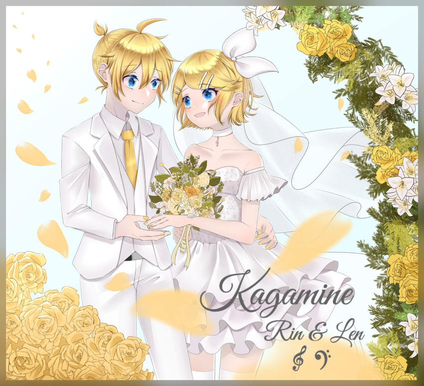 1boy 1girl ahoge bare_shoulders bass_clef blonde_hair blue_eyes bow bridal_veil character_name choker collarbone collared_shirt dress eye_contact falling_petals flower frilled_dress frills hair_bow hair_ornament hairclip highres itkedo jacket kagamine_len kagamine_rin looking_at_another necktie off-shoulder_dress off_shoulder open_mouth pants petals rose shirt short_dress short_sleeves smile suit swept_bangs thigh-highs treble_clef tuxedo veil vocaloid wedding wedding_dress white_choker white_jacket white_lily white_pants white_suit white_thighhighs white_veil yellow_flower yellow_nails yellow_necktie yellow_rose zettai_ryouiki