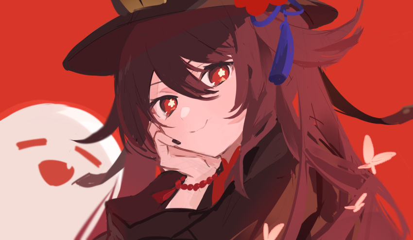 1girl bead_bracelet beads black_coat black_headwear black_nails bracelet bright_pupils brown_hair closed_mouth coat flower-shaped_pupils genshin_impact ghost hair_between_eyes hat_tassel head_rest highres hu_tao_(genshin_impact) jewelry long_hair long_sleeves looking_at_viewer red_background red_eyes solo symbol-shaped_pupils tarouoga upper_body white_pupils