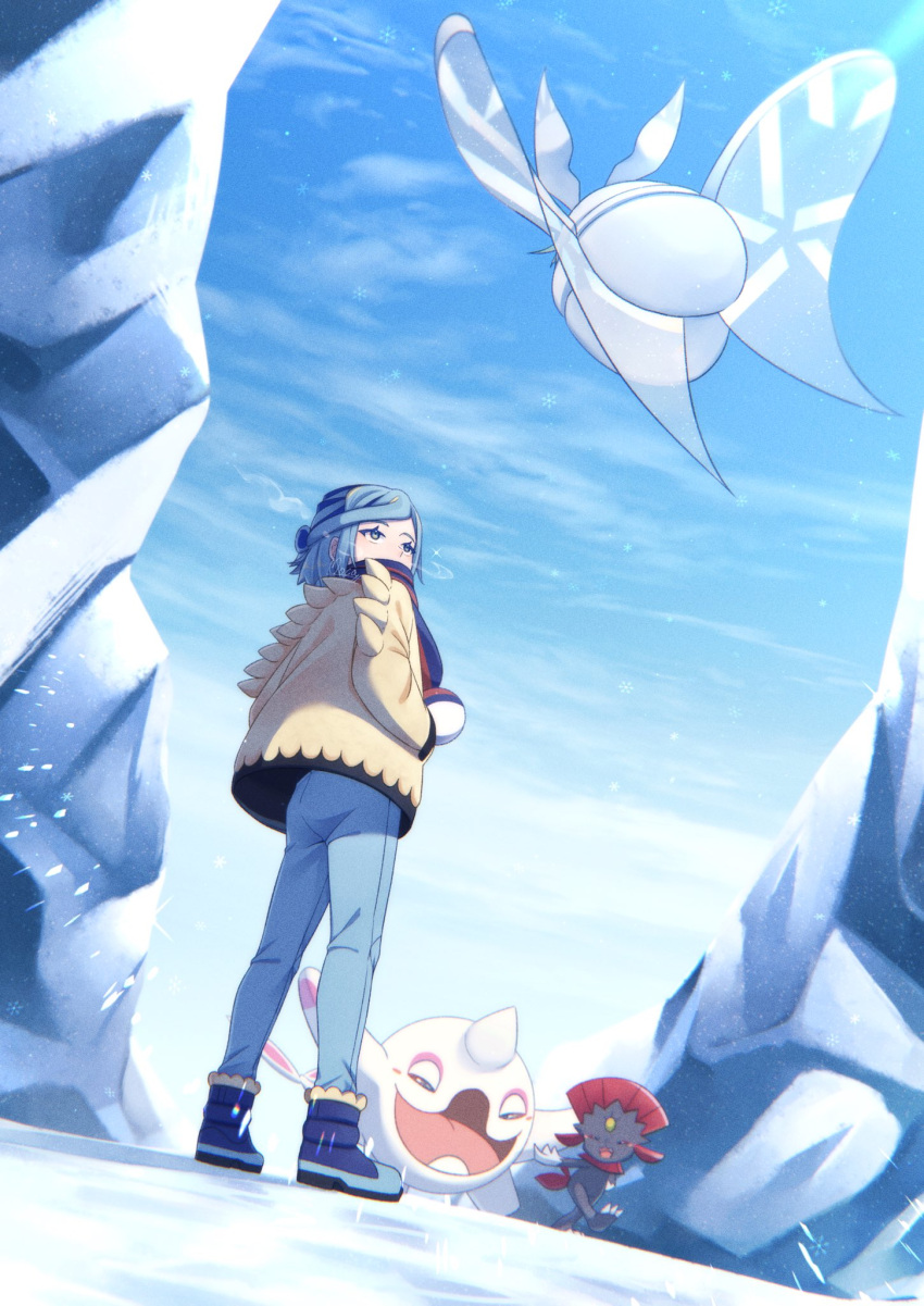 1boy boots breath cetoddle clouds commentary_request day eyelashes from_below frosmoth grusha_(pokemon) highres jacket looking_to_the_side male_focus medium_hair mocacoffee_1001 outdoors pants pokemon pokemon_(creature) pokemon_(game) pokemon_sv scarf sky snow standing weavile yellow_jacket