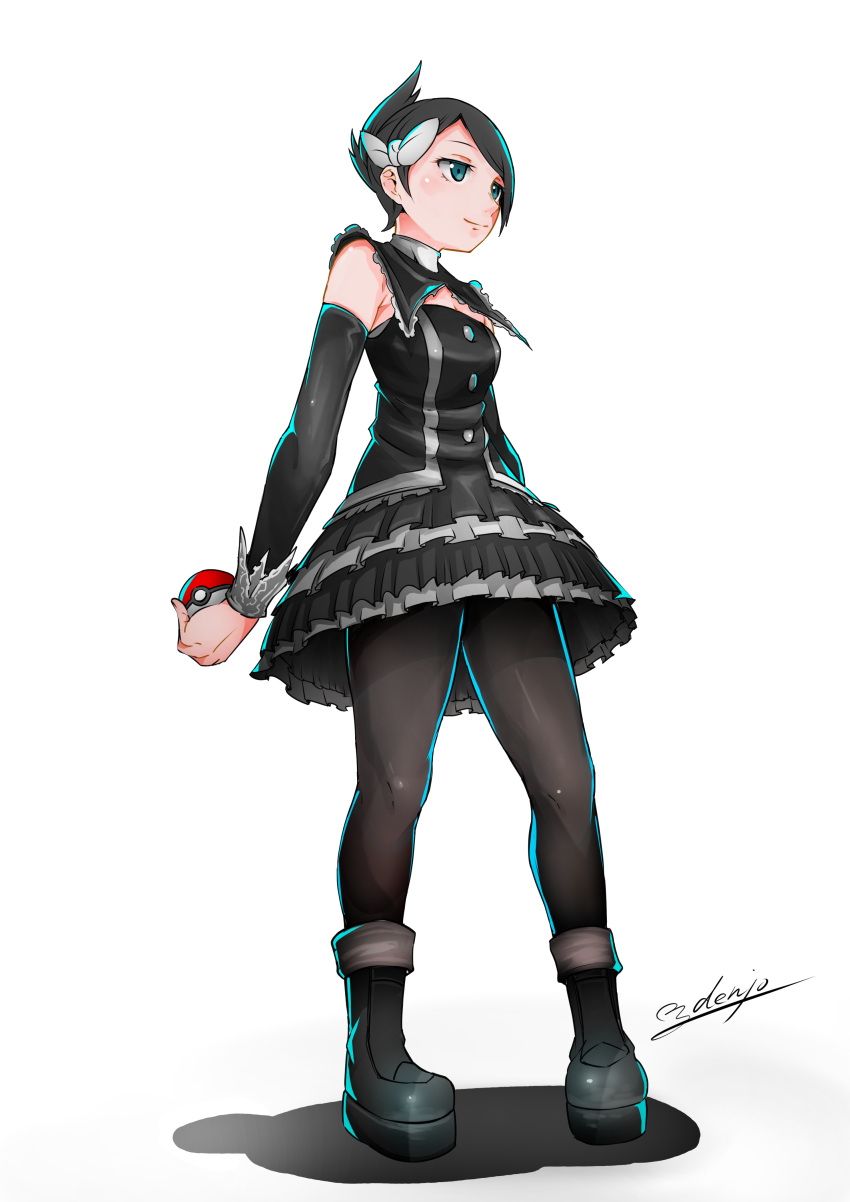 1girl absurdres black_footwear black_hair black_pantyhose blue_eyes boots bow denjyou23 detached_sleeves full_body gothic_lolita hair_bow highres holding holding_poke_ball lolita_fashion marley_(pokemon) pantyhose poke_ball poke_ball_(basic) pokemon pokemon_(game) short_hair signature simple_background solo white_background white_bow
